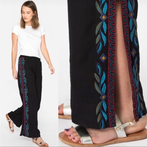 Johnny Was Pants - Johnny Was Izamal Embroidered-Side Linen Pants